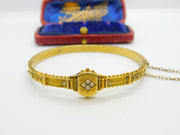 Victorian Etruscan Style 15ct Yellow Gold Seed Pearl Bangle Bracelet c1860