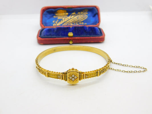 Victorian Etruscan Style 15ct Yellow Gold Seed Pearl Bangle Bracelet c1860