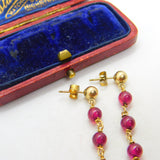 14ct Yellow Gold Filled Beaded Garnet Drop Stud Earrings Vintage c1970