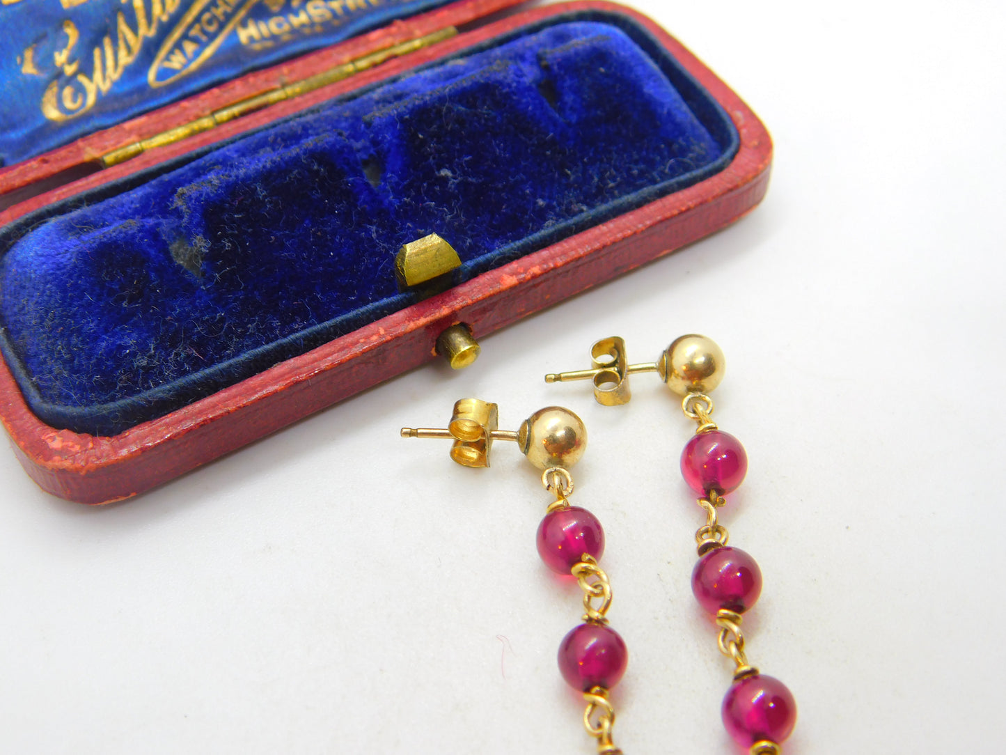 14ct Yellow Gold Filled Beaded Garnet Drop Stud Earrings Vintage c1970