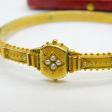 Victorian Etruscan Style 15ct Yellow Gold Seed Pearl Bangle Bracelet c1860