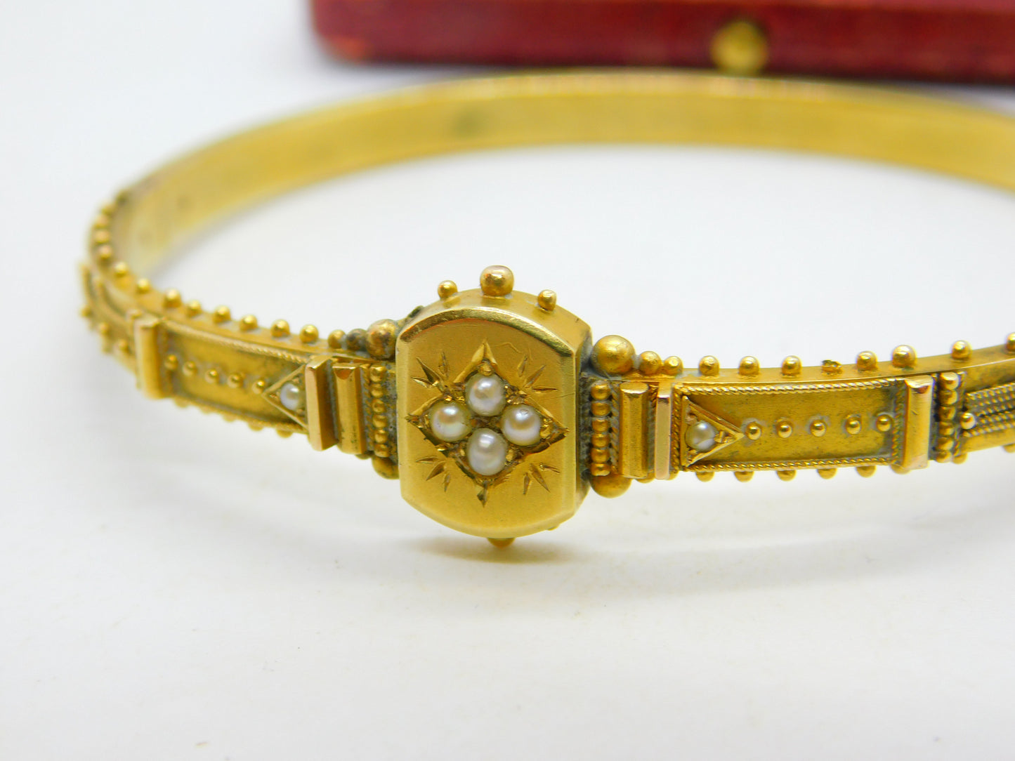 Victorian Etruscan Style 15ct Yellow Gold Seed Pearl Bangle Bracelet c1860