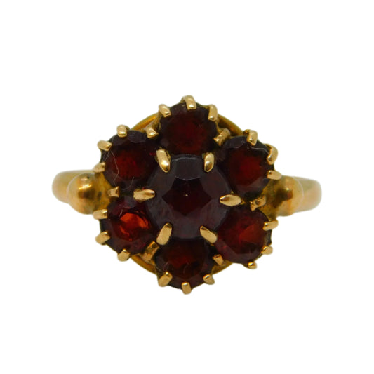 9ct Yellow Gold Bohemian Garnet Floral Cluster Ring Vintage c1970