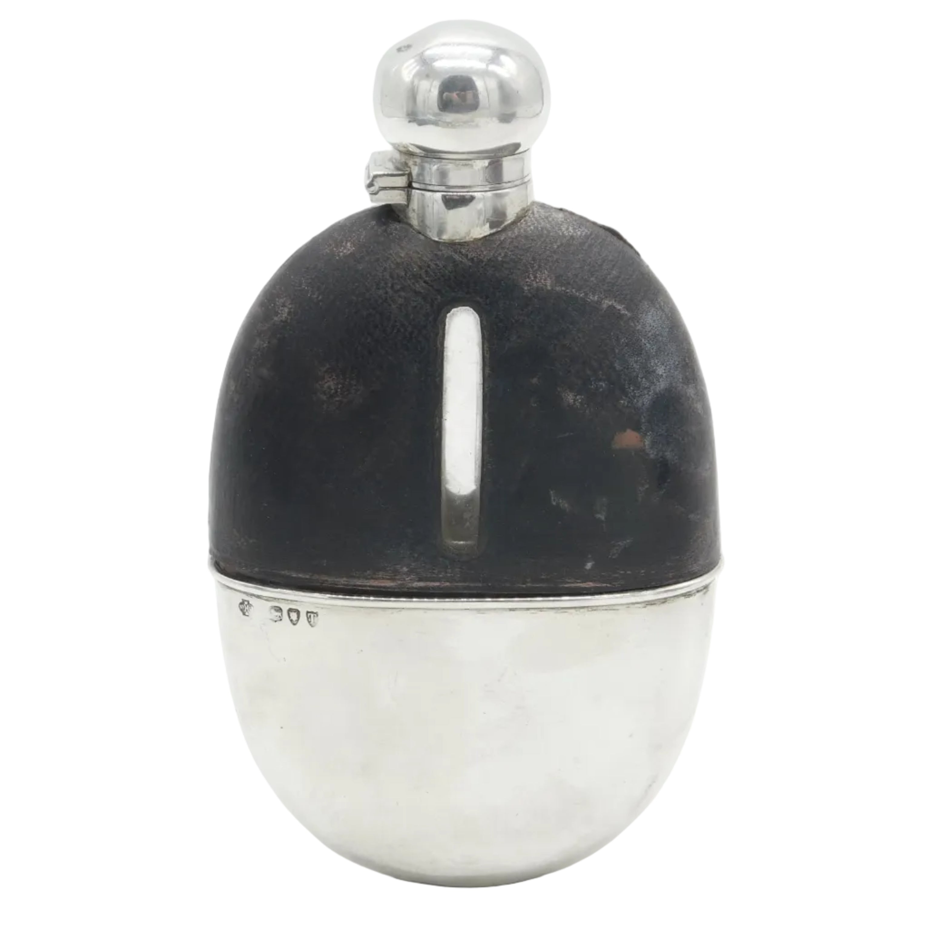 Antique Victorian sterling silver hip flask with a leather cover and glass stirrup cup, hallmarked London 1894.