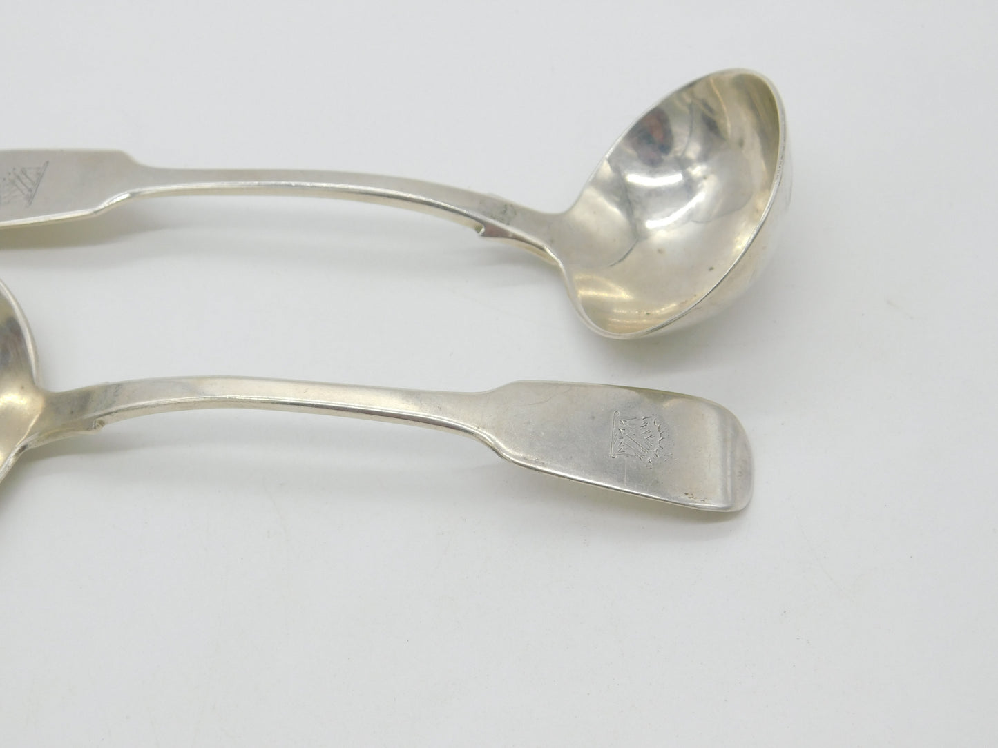 Irish Victorian Sterling Silver Pair of Fiddle Thread Crested Ladles 1851 Dublin