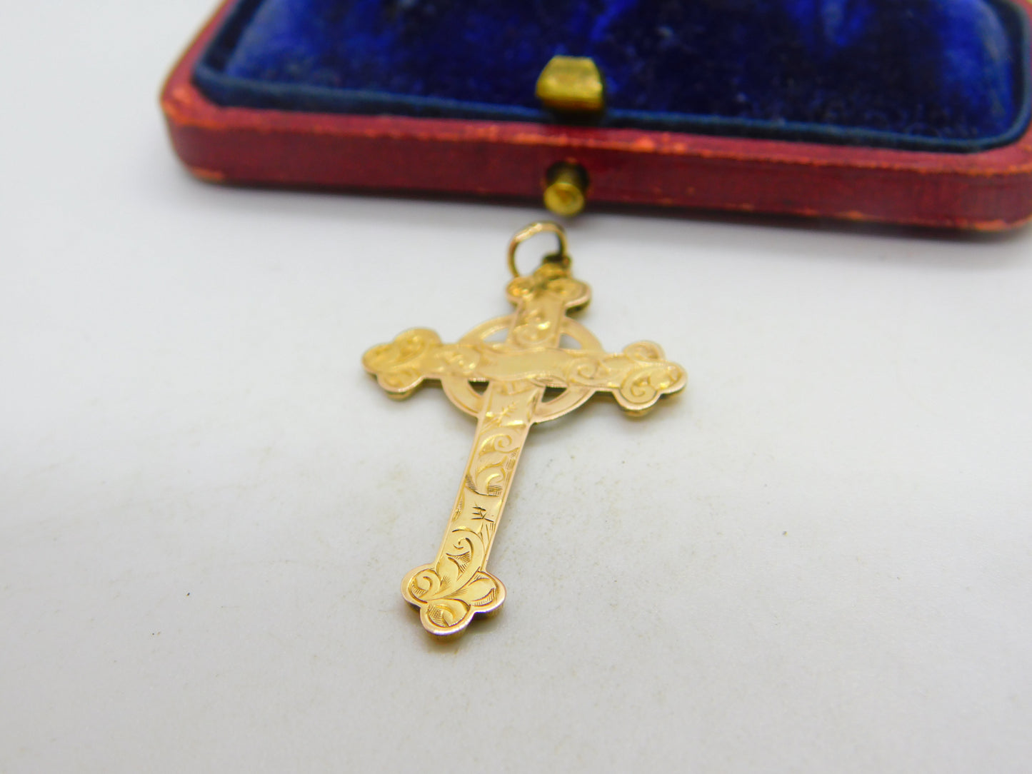 Edwardian 9ct Rose Gold Celtic Cross Pendant Floral Patterns c1910 Antique