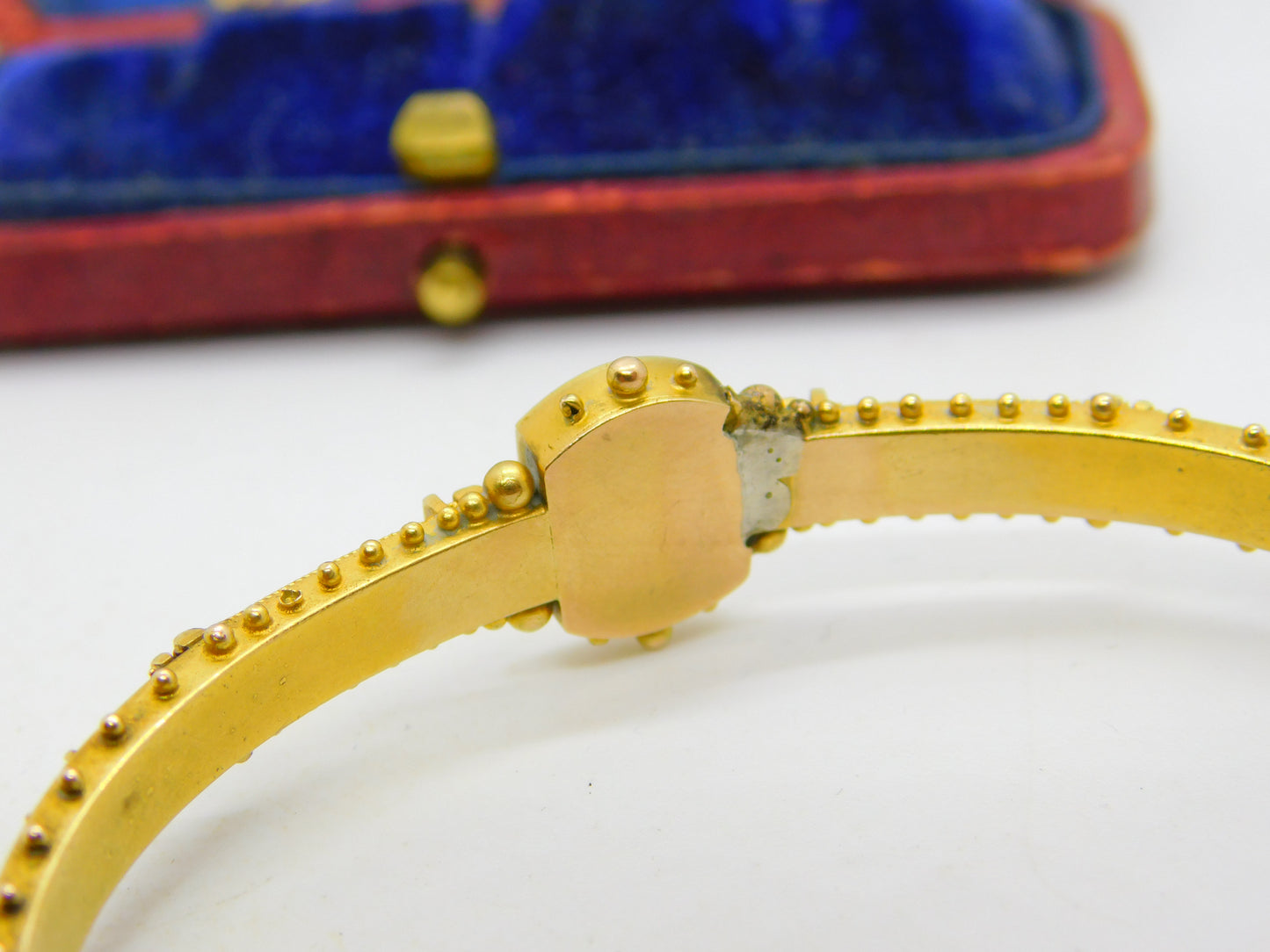 Victorian Etruscan Style 15ct Yellow Gold Seed Pearl Bangle Bracelet c1860