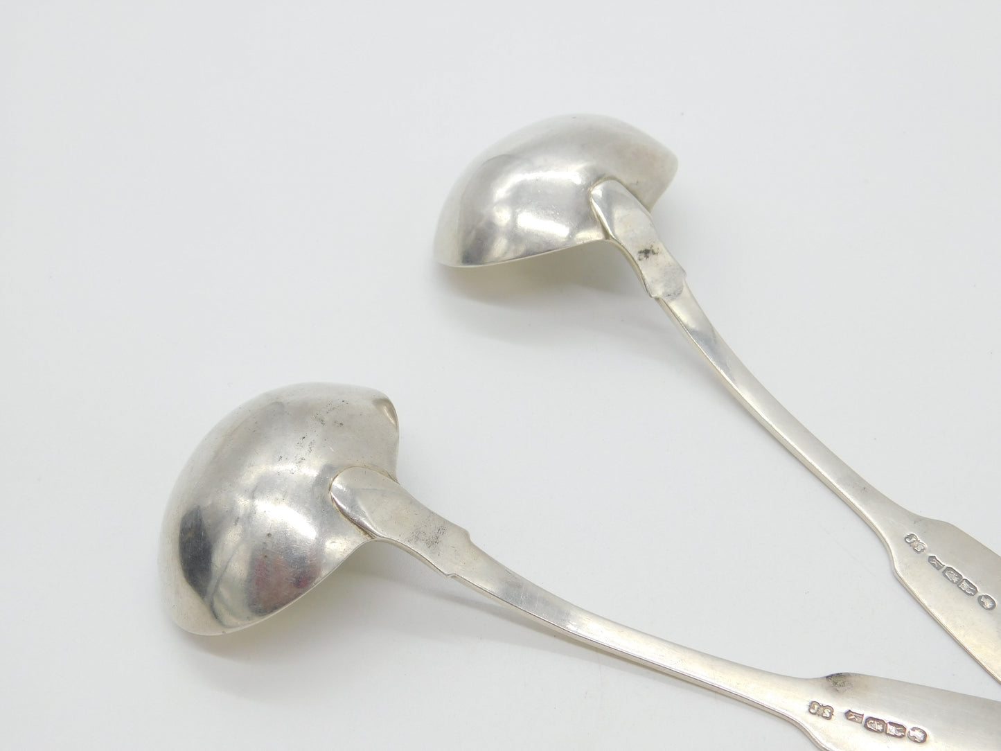 Irish Victorian Sterling Silver Pair of Fiddle Thread Crested Ladles 1851 Dublin