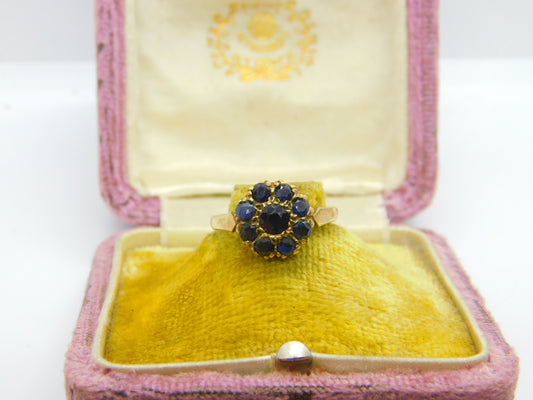 9ct Yellow Gold & Sapphire Floral Cluster Ring 1975 Birmingham Vintage