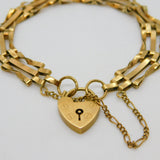 9ct Yellow Gold Gate Link Charm Bracelet Heart Lock Clasp 1977 London Vintage