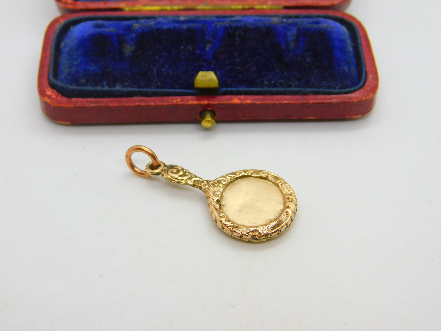 9ct Rose Gold Floral Pattern Hand Mirror Charm Pendant Vintage c1960