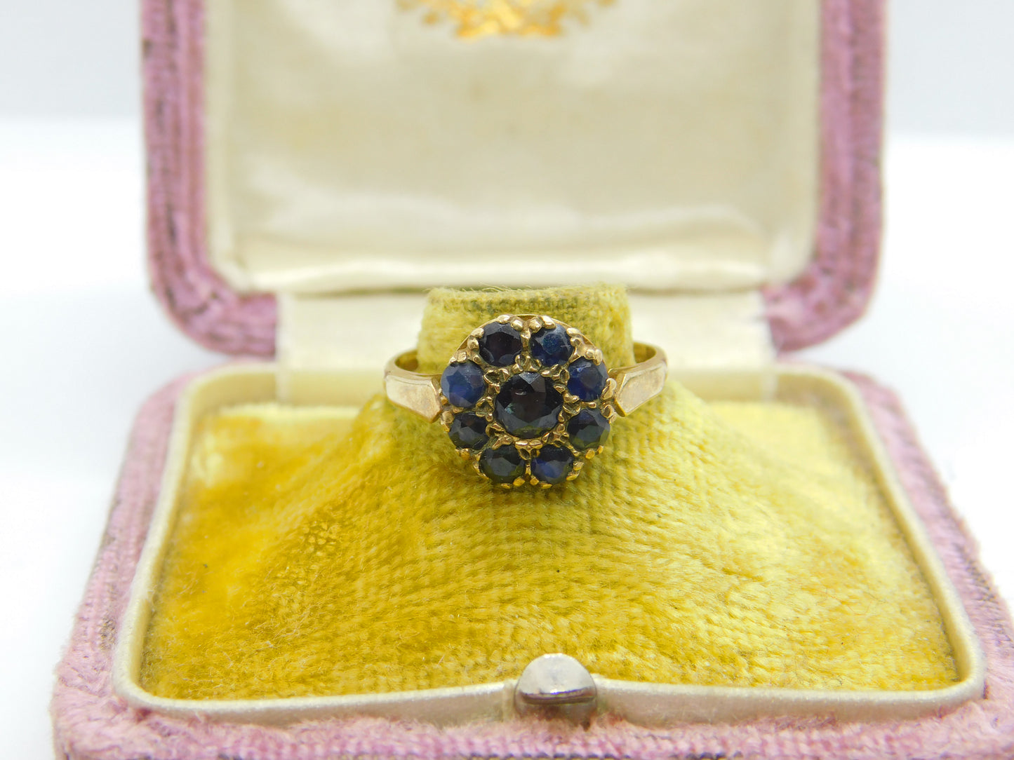 9ct Yellow Gold & Sapphire Floral Cluster Ring 1975 Birmingham Vintage