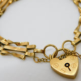9ct Yellow Gold Gate Link Charm Bracelet Heart Lock Clasp 1977 London Vintage