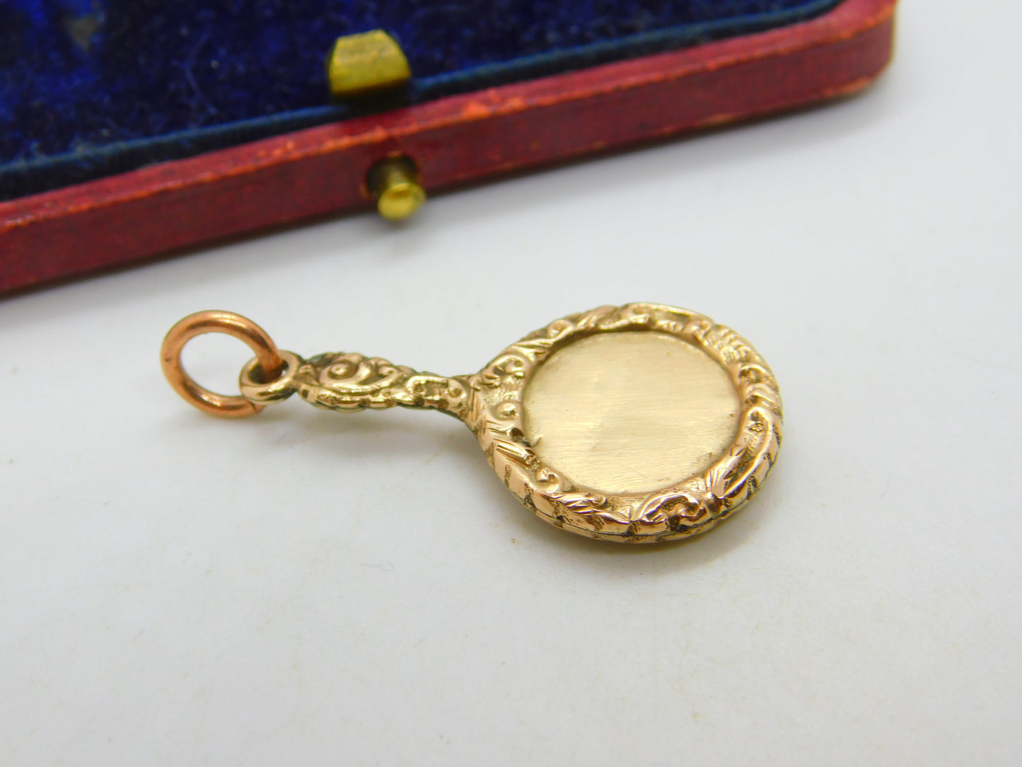 9ct Rose Gold Floral Pattern Hand Mirror Charm Pendant Vintage c1960