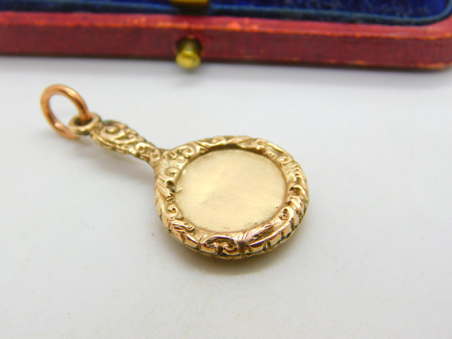 9ct Rose Gold Floral Pattern Hand Mirror Charm Pendant Vintage c1960