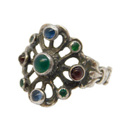 Austro-Hungarian Sterling Silver Cabochon Stone Set Floral Ring Antique c1910