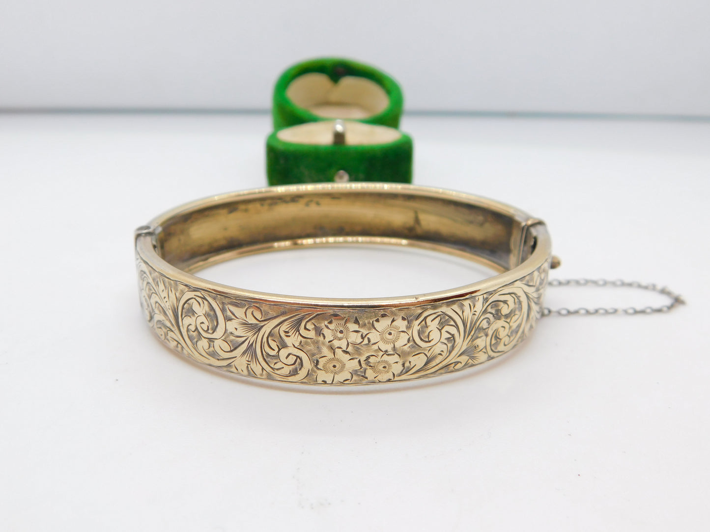 '19ct Gold on Silver' Floral Pattern Cuff Bangle Bracelet Antique c1920 Art Deco