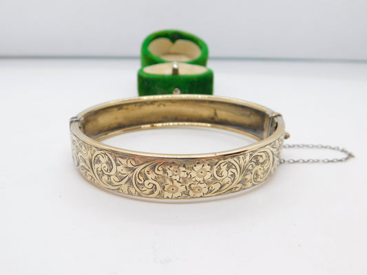 '19ct Gold on Silver' Floral Pattern Cuff Bangle Bracelet Antique c1920 Art Deco