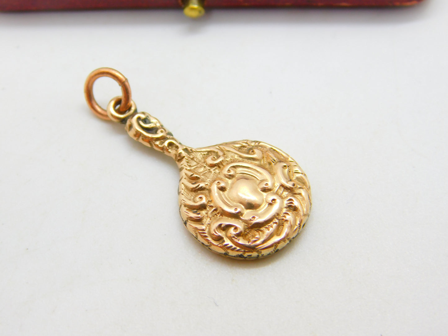 9ct Rose Gold Floral Pattern Hand Mirror Charm Pendant Vintage c1960