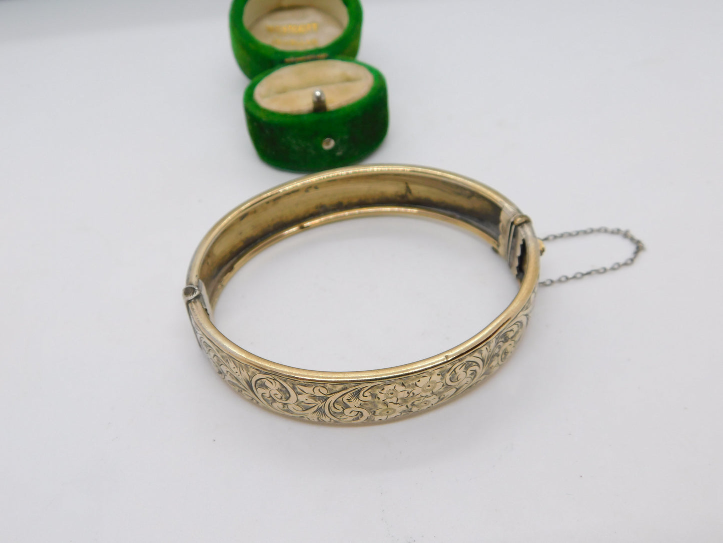 '19ct Gold on Silver' Floral Pattern Cuff Bangle Bracelet Antique c1920 Art Deco