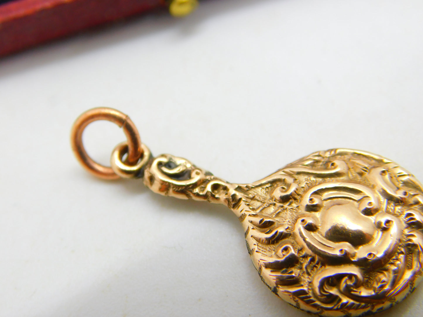 9ct Rose Gold Floral Pattern Hand Mirror Charm Pendant Vintage c1960