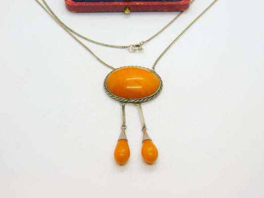 Victorian Sterling Silver Natural Egg Yolk Amber Lavalier Drop Necklace c1900