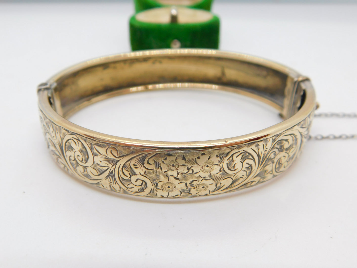 '19ct Gold on Silver' Floral Pattern Cuff Bangle Bracelet Antique c1920 Art Deco