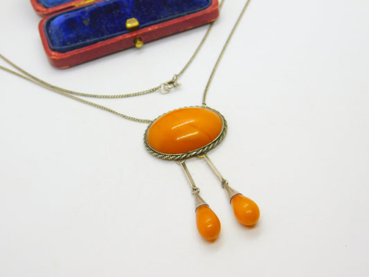 Victorian Sterling Silver Natural Egg Yolk Amber Lavalier Drop Necklace c1900