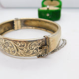 '19ct Gold on Silver' Floral Pattern Cuff Bangle Bracelet Antique c1920 Art Deco