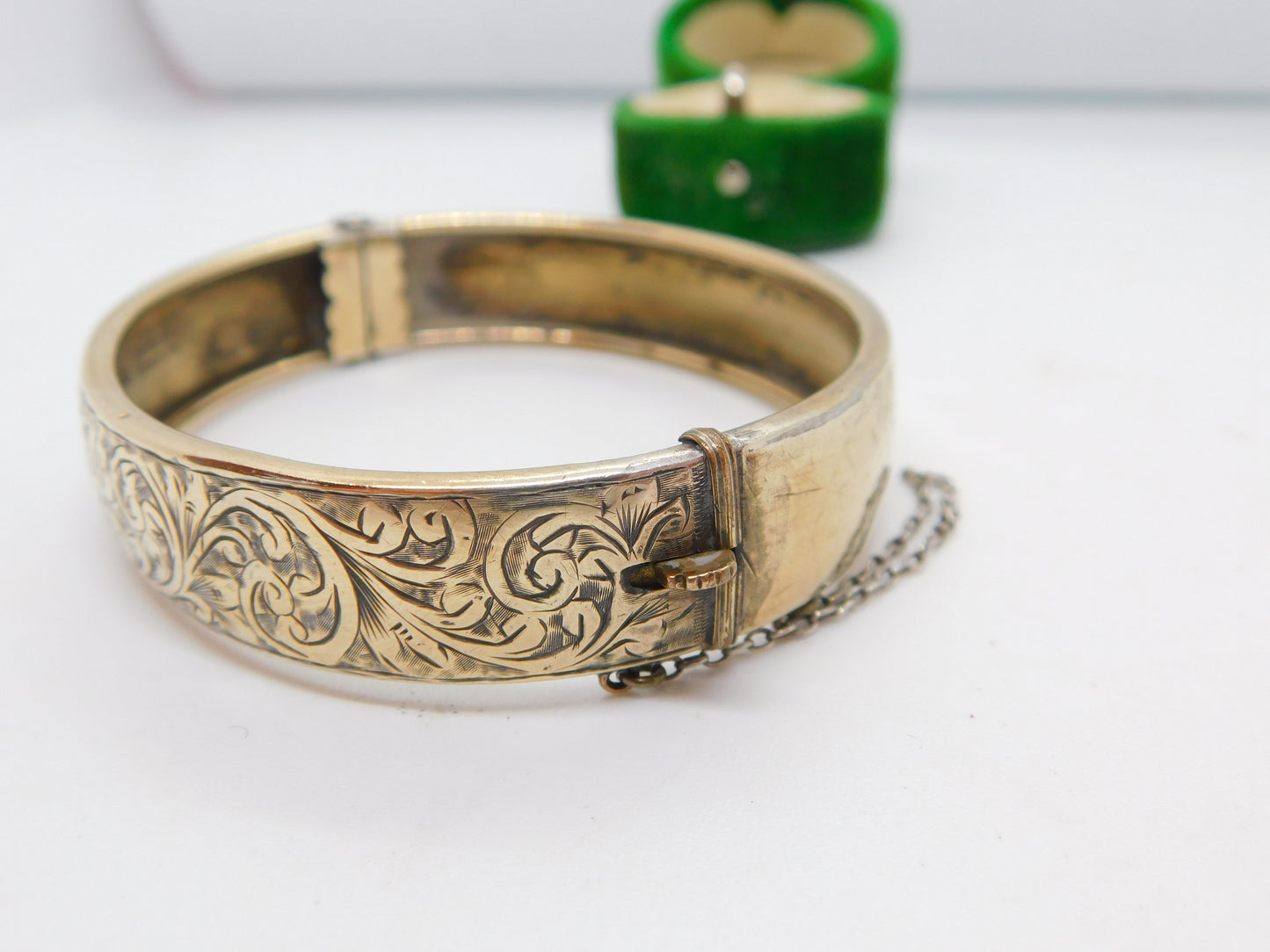 '19ct Gold on Silver' Floral Pattern Cuff Bangle Bracelet Antique c1920 Art Deco