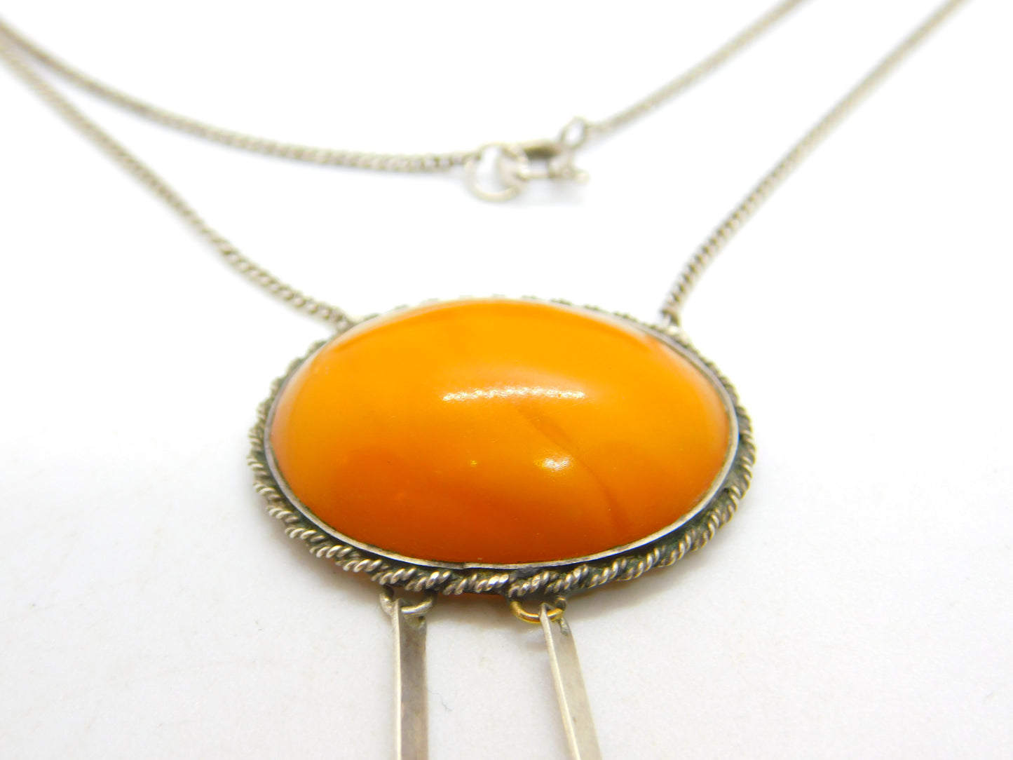 Victorian Sterling Silver Natural Egg Yolk Amber Lavalier Drop Necklace c1900