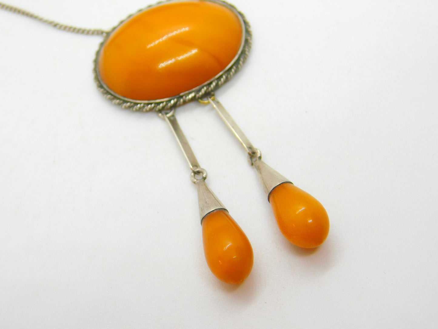 Victorian Sterling Silver Natural Egg Yolk Amber Lavalier Drop Necklace c1900