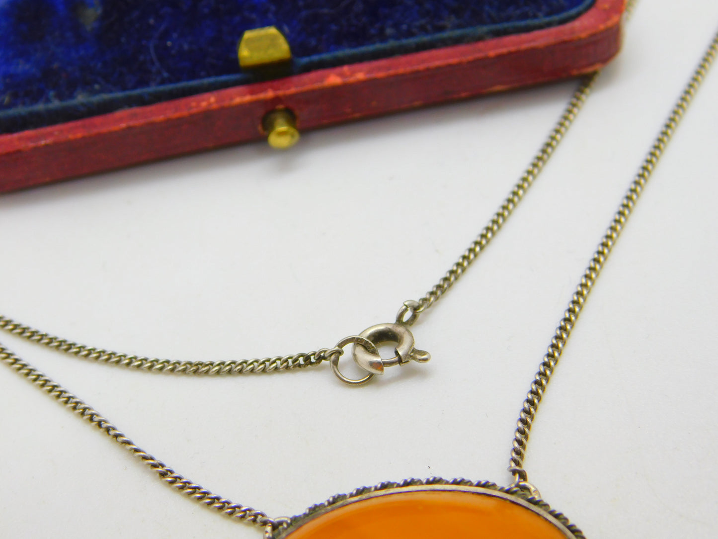 Victorian Sterling Silver Natural Egg Yolk Amber Lavalier Drop Necklace c1900