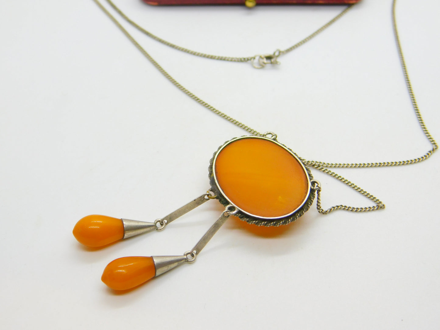 Victorian Sterling Silver Natural Egg Yolk Amber Lavalier Drop Necklace c1900