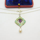 Edwardian Art Nouveau Sterling Silver, Enamel & Pearl Lavalier Drop Necklace