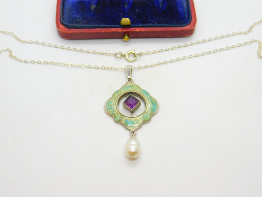 Edwardian Art Nouveau Sterling Silver, Enamel & Pearl Lavalier Drop Necklace