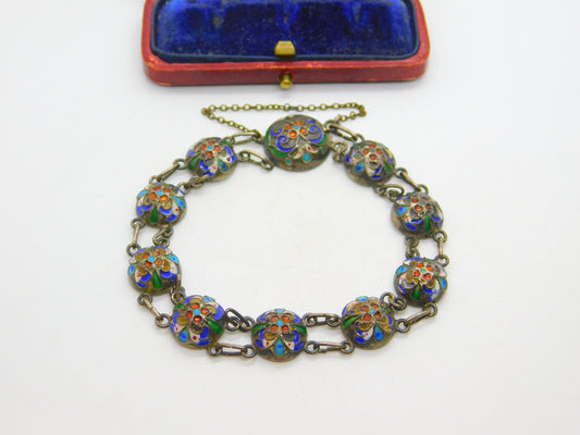 Victorian Russian Sterling Silver Colourful Enamel Floral Panel Bracelet c1880