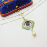 Edwardian Art Nouveau Sterling Silver, Enamel & Pearl Lavalier Drop Necklace