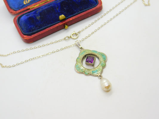 Edwardian Art Nouveau Sterling Silver, Enamel & Pearl Lavalier Drop Necklace