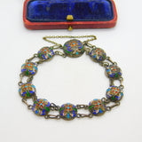 Victorian Russian Sterling Silver Colourful Enamel Floral Panel Bracelet c1880