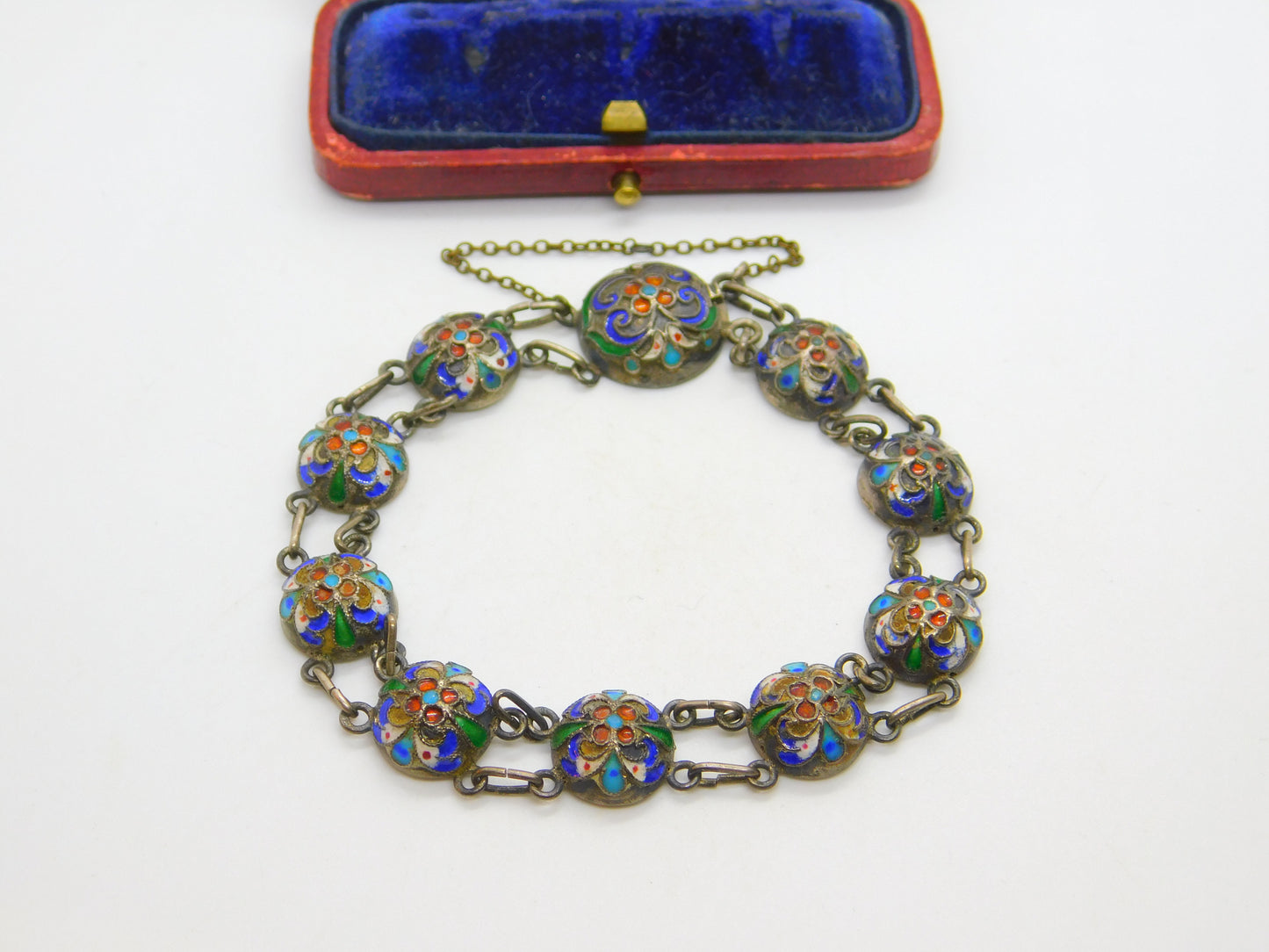 Victorian Russian Sterling Silver Colourful Enamel Floral Panel Bracelet c1880