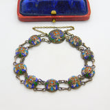 Victorian Russian Sterling Silver Colourful Enamel Floral Panel Bracelet c1880