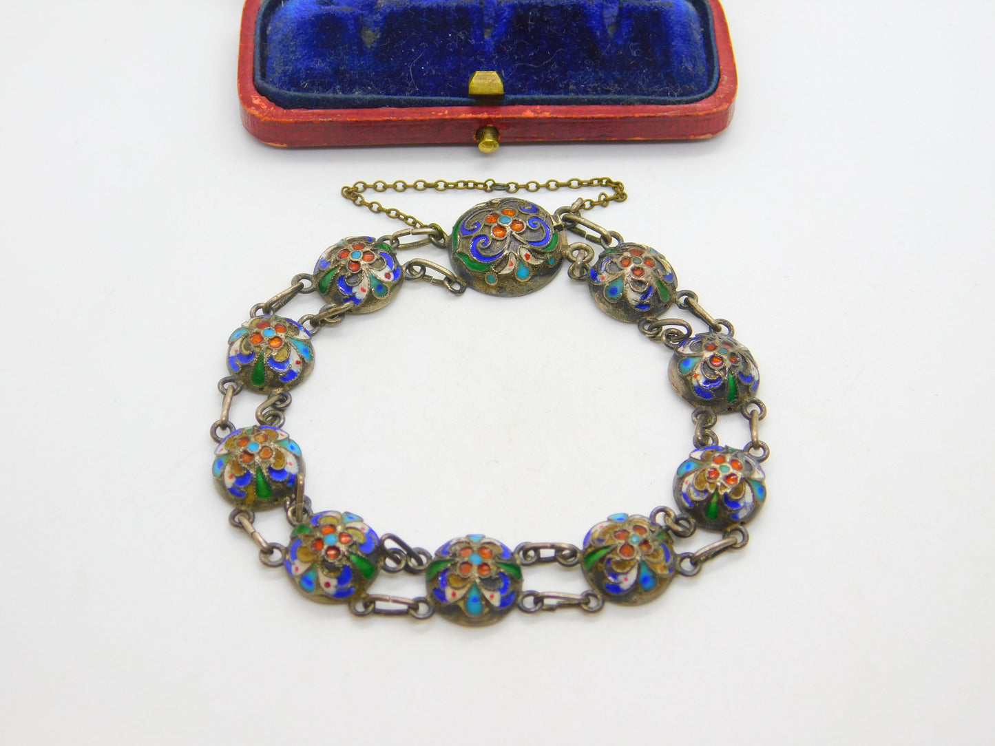 Victorian Russian Sterling Silver Colourful Enamel Floral Panel Bracelet c1880