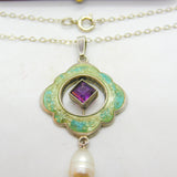 Edwardian Art Nouveau Sterling Silver, Enamel & Pearl Lavalier Drop Necklace