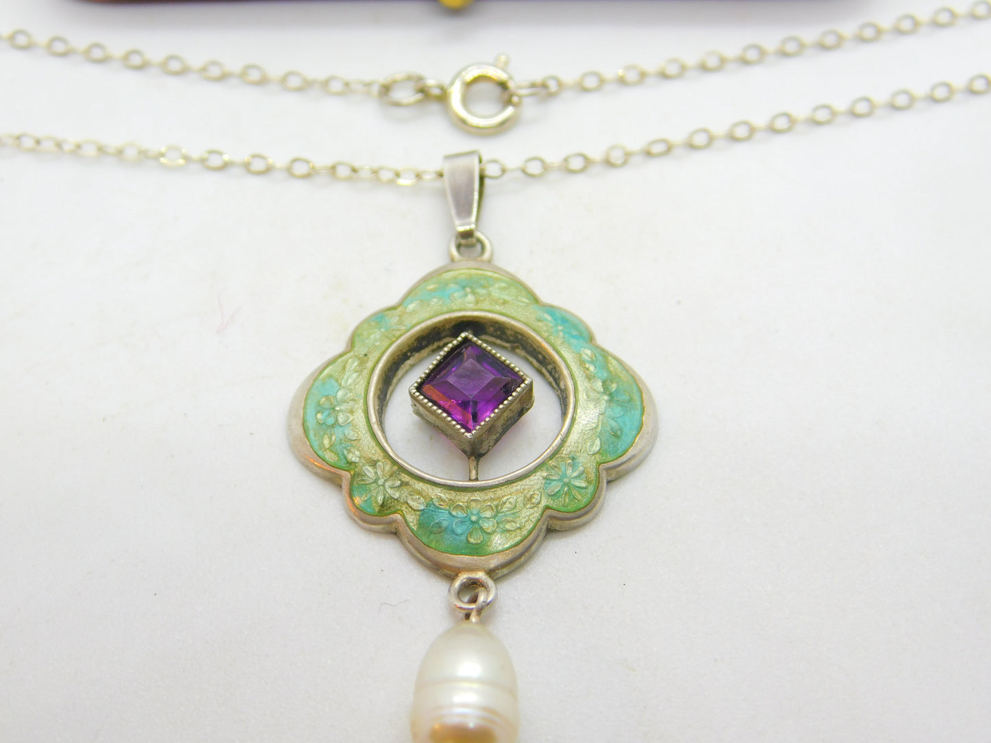 Edwardian Art Nouveau Sterling Silver, Enamel & Pearl Lavalier Drop Necklace