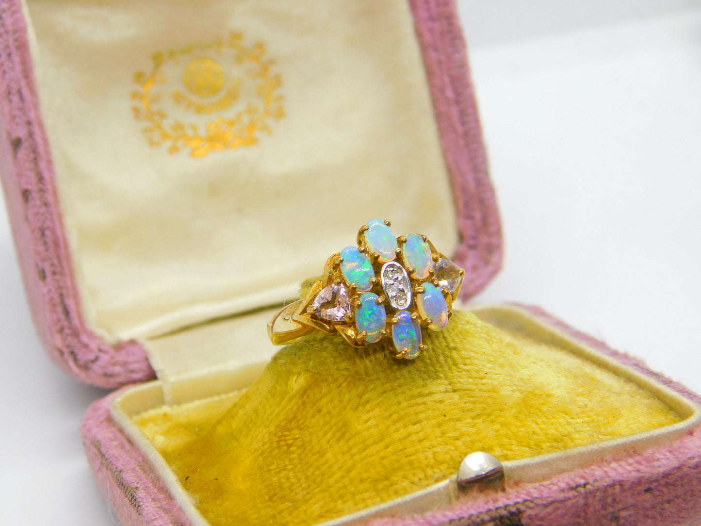 9ct Yellow Gold, Diamond & Water Opal Cluster Ring Vintage Birmingham