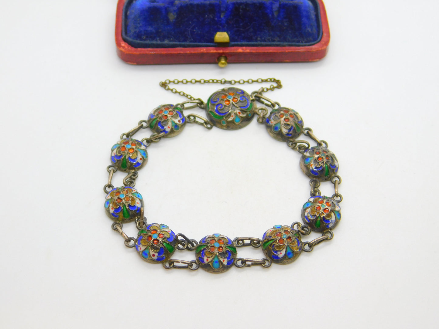 Victorian Russian Sterling Silver Colourful Enamel Floral Panel Bracelet c1880