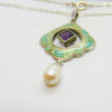 Edwardian Art Nouveau Sterling Silver, Enamel & Pearl Lavalier Drop Necklace