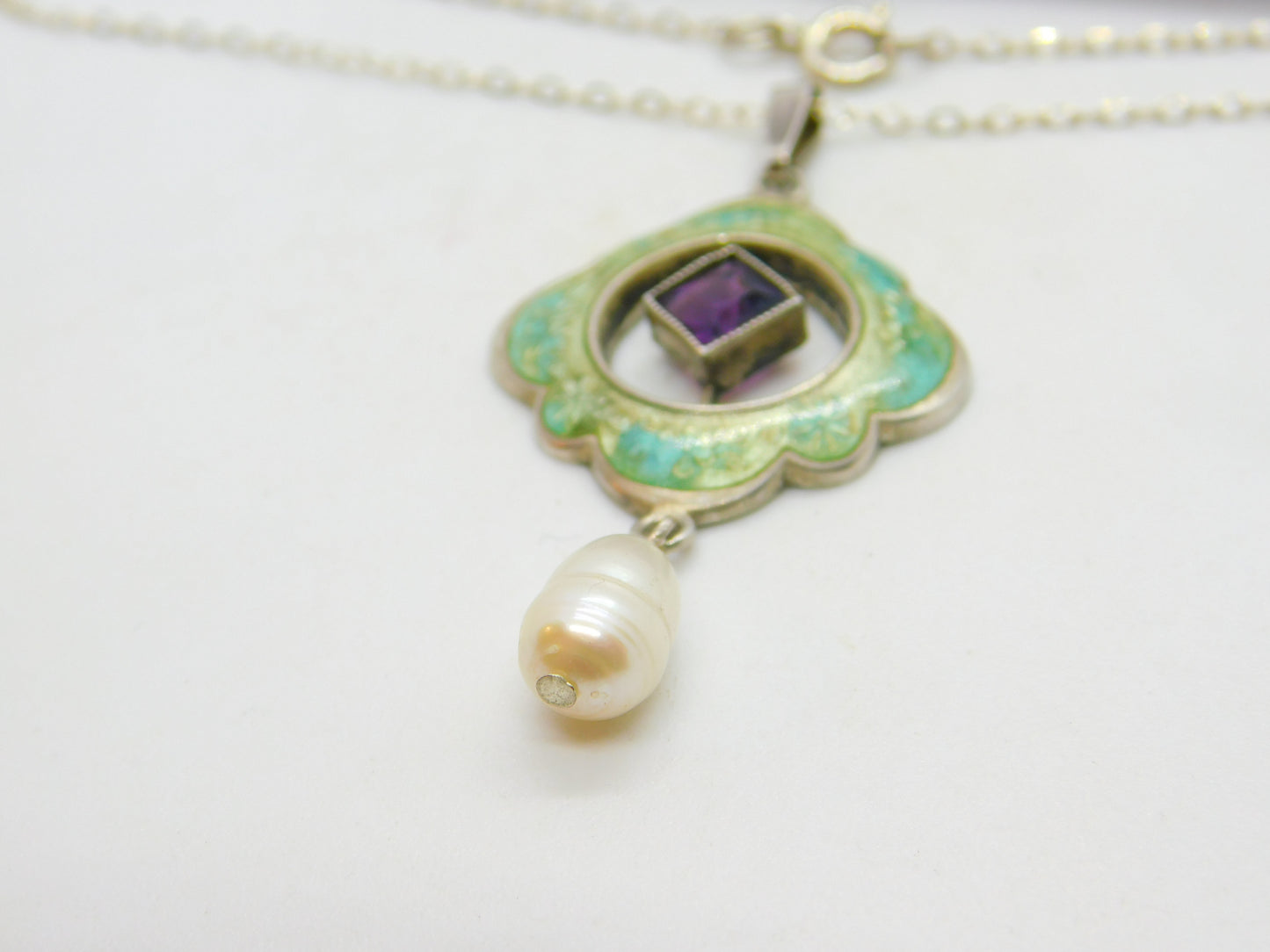 Edwardian Art Nouveau Sterling Silver, Enamel & Pearl Lavalier Drop Necklace