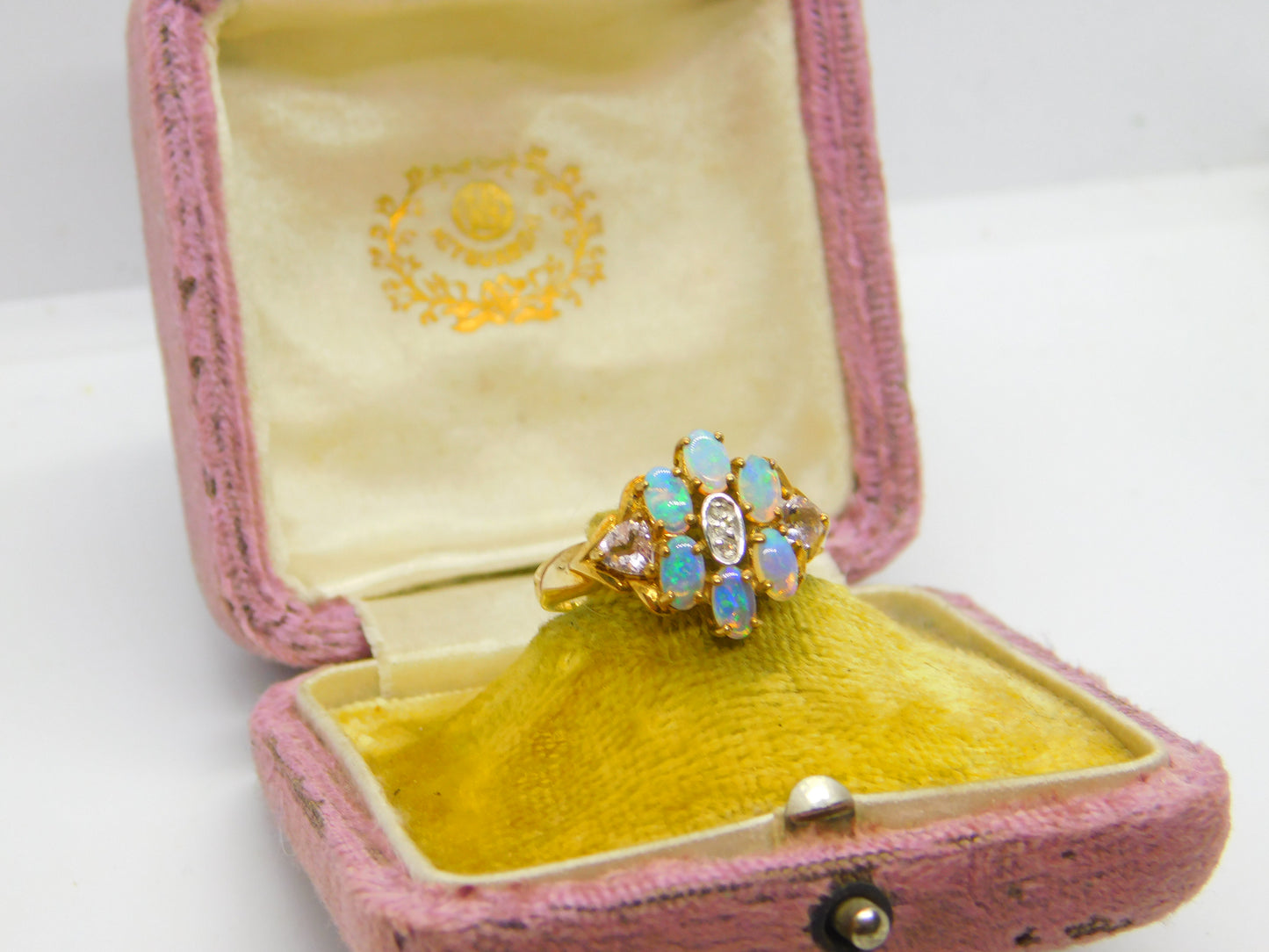 9ct Yellow Gold, Diamond & Water Opal Cluster Ring Vintage Birmingham